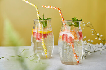 Detox vitaminized water. Summer aesthetic drink with citrus. Low alcohol, hard seltzer, zero proof...
