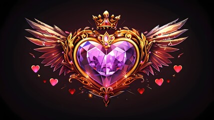 Enchanting Heart-Shaped Jewel Adorned with Golden Wings and Crown on Dark Background