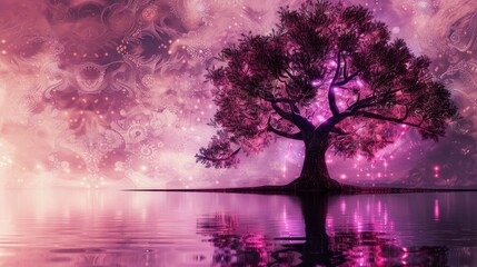 In this psychedelic artwork, a purple tree is surrounded by mind bending visuals and enchanting nature. Visuals, nature, art, DMT, vision.,