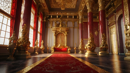 Obraz premium A realistic fantasy interior of the royal palace. gold and red palace. castle interior , beautiful building interior 