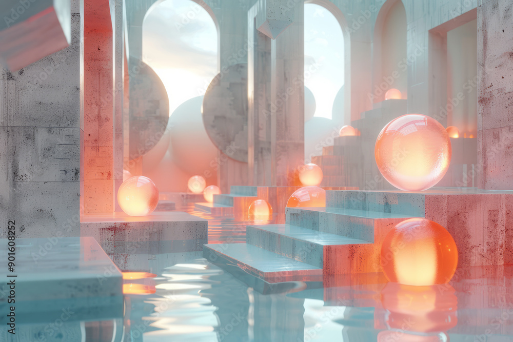 Poster clean depiction of a series of floating geometric shapes, with ethereal glow effects that create a d