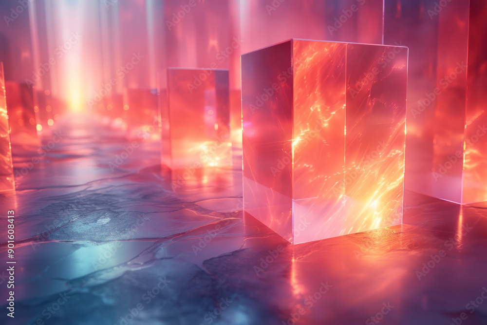 Poster clean depiction of a series of floating geometric shapes, with ethereal glow effects that create a d