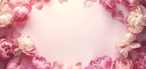 Obraz premium Elegant pink peonies frame against a soft pastel pink background, perfect for delicate floral-themed designs and greetings.
