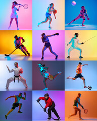 Collage. Athletes in action in neon light against vibrant colorful background showcasing dynamic energy and passion. Concept of sport, competition, match, team, games, action. Ad