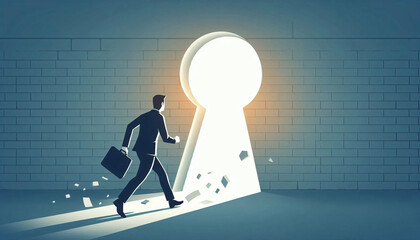 Obraz premium Businessman walking go to near keyhole door in the wall of the hole at light falls
