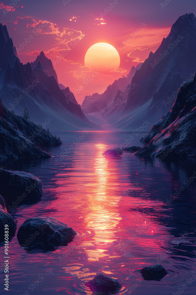 Poster elegant representation of a geometric landscape with shifting shapes, enhanced by color gradients an