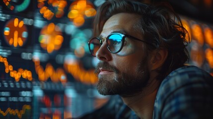 Young Man Analyzing Financial Data on Monitor in Dimly Lit Room at Night. Generative AI