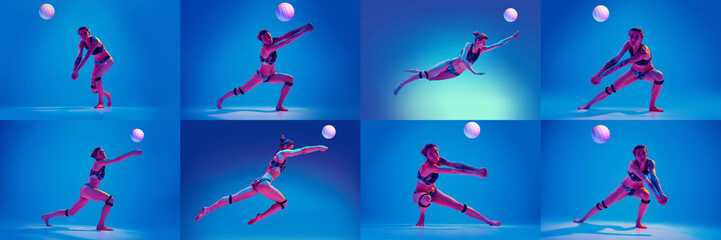 Female volleyball player focusing on game training hitting ball in neon light against vibrant neon background. Concept of sport, competition, match, team, games, action. Ad