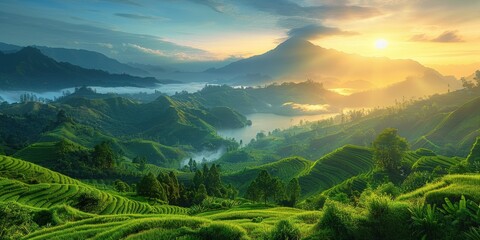 Sunrise over Rice Terraces and Misty Mountains