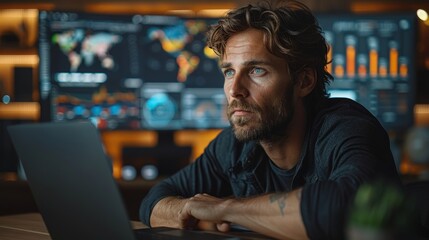 Obraz premium Focused Man Analyzing Data on Laptop in Modern Workspace During Evening Hours. Generative AI