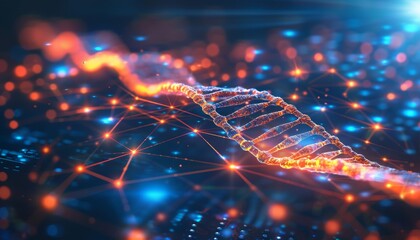 Abstract DNA Strand Helix Connected by Network of Glowing Lights, Science and Technology Background