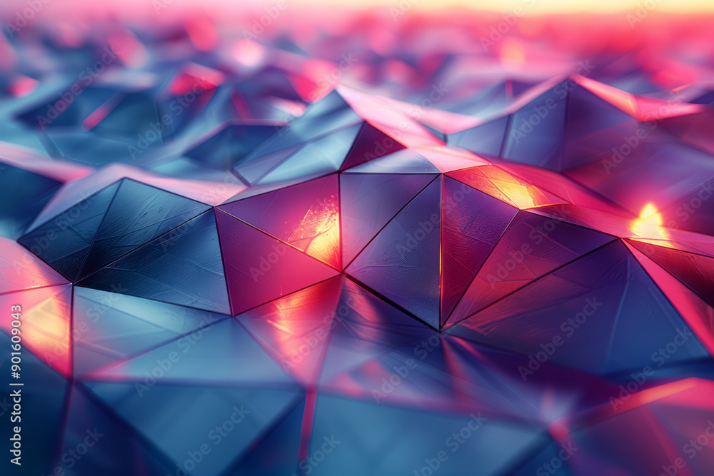 Poster clean depiction of an abstract design of polygonal shapes, with depth and dimension created through 
