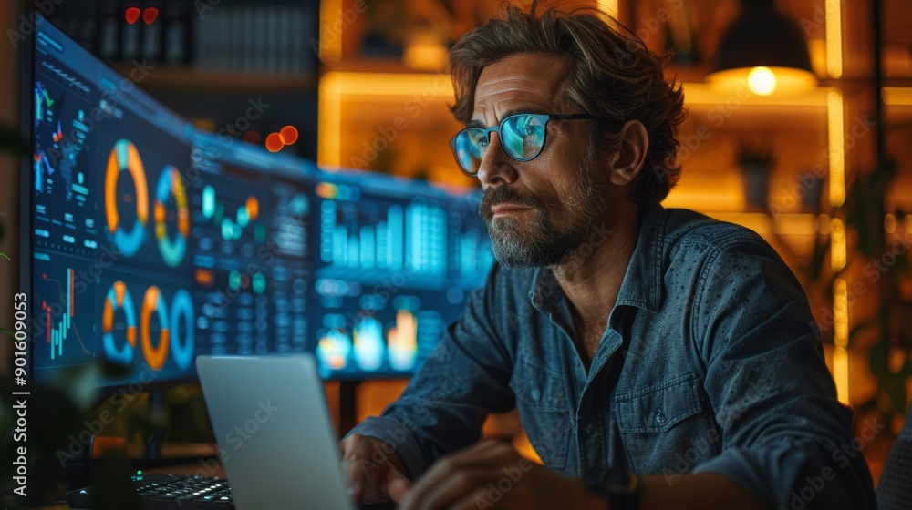 Aufkleber focused professional analyzing data trends at a modern workspace during evening hours. generative ai