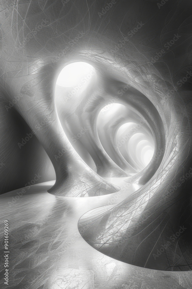Poster minimalist scene of swirling geometric patterns with light trails that follow their movements, addin