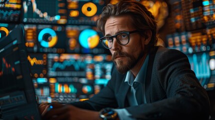 Focused Analyst Reviewing Financial Data and Stock Market Trends in a Modern Office Environment. Generative AI