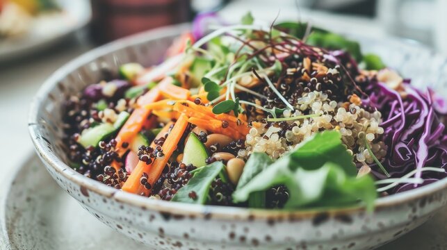 A close-up of a nutrient-dense vegan dinner featuring lentils, quinoa, and vegetables. Ideal for dietary guides.