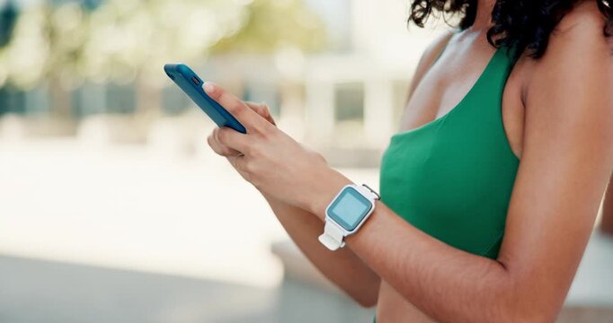 Phone, scroll or hands of fitness woman in city with online map, guide or check running route for training closeup. Smartphone, google it or lady runner on smartwatch app, steps or tracking progress