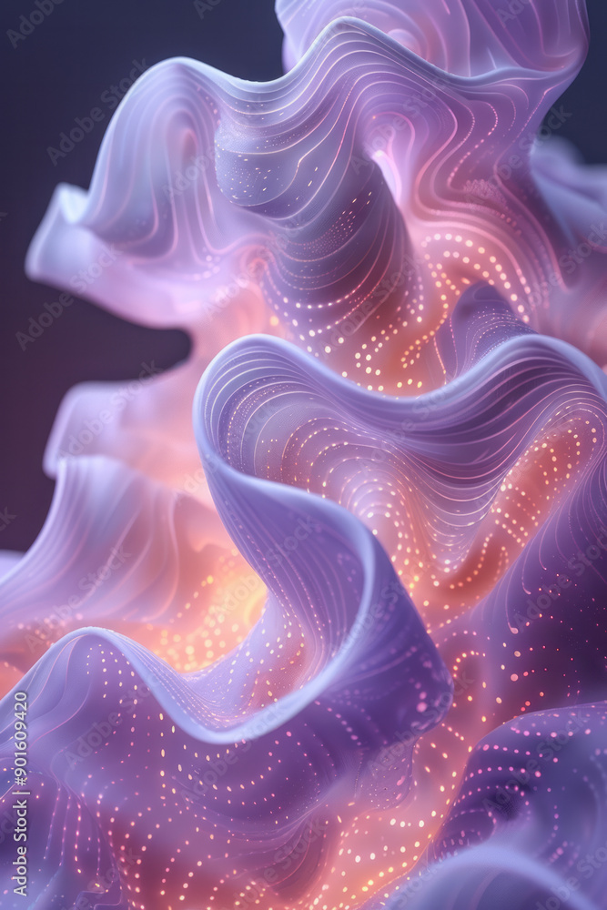 Poster elegant depiction of an undulating 3d form with a mesh-like perforated texture in pale lilac and sof