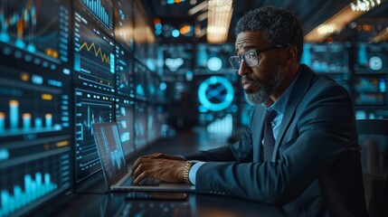Obraz premium Business Professional Analyzing Data on Laptop in Modern Office Environment During Evening Hours. Generative AI