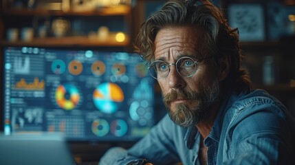 Obraz premium Focused Data Analyst Working Late in a Dimly Lit Office Surrounded by Charts and Graphs. Generative AI