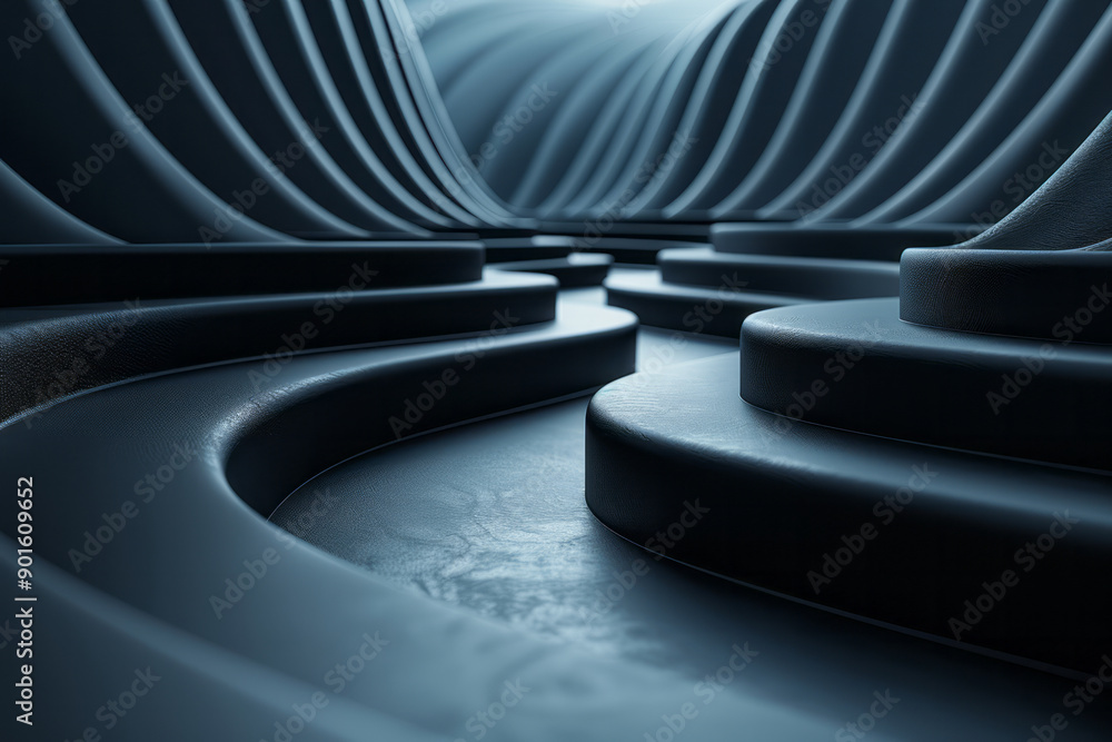 Poster minimalist aesthetic of elongated dark lines that curve and bend in 3d space, producing a rhythmic f