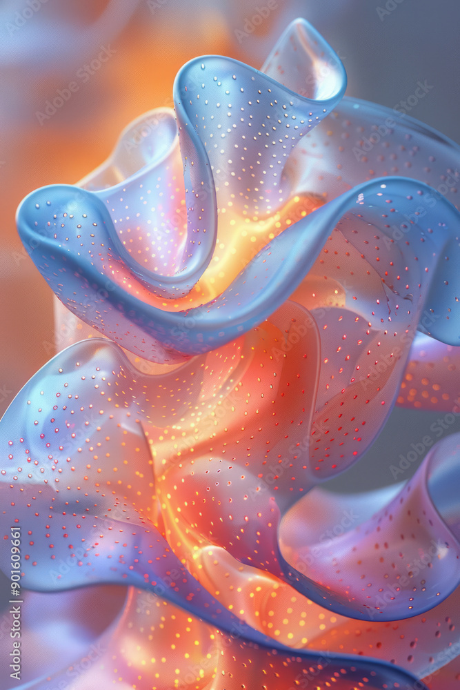Poster clean image of a fluid 3d surface with irregular perforations, showcasing a gradient of pastel tones