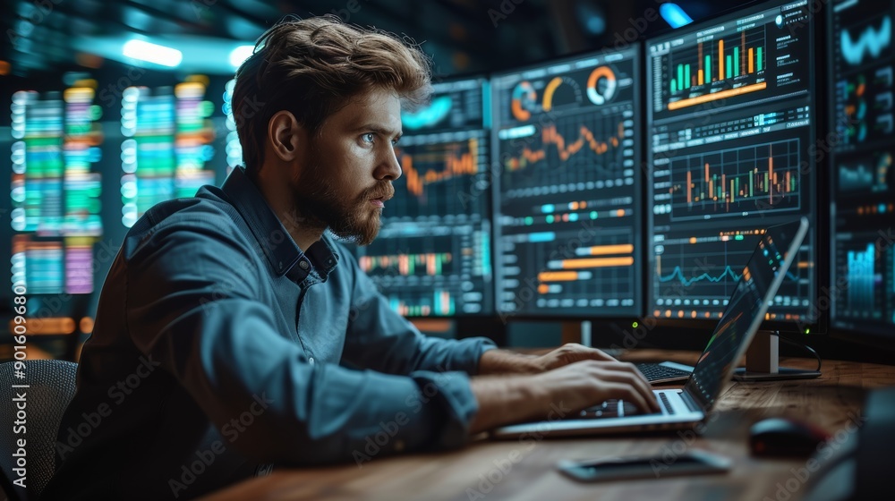 Poster young professional analyzing data on multiple monitors in a modern office environment at night. gene