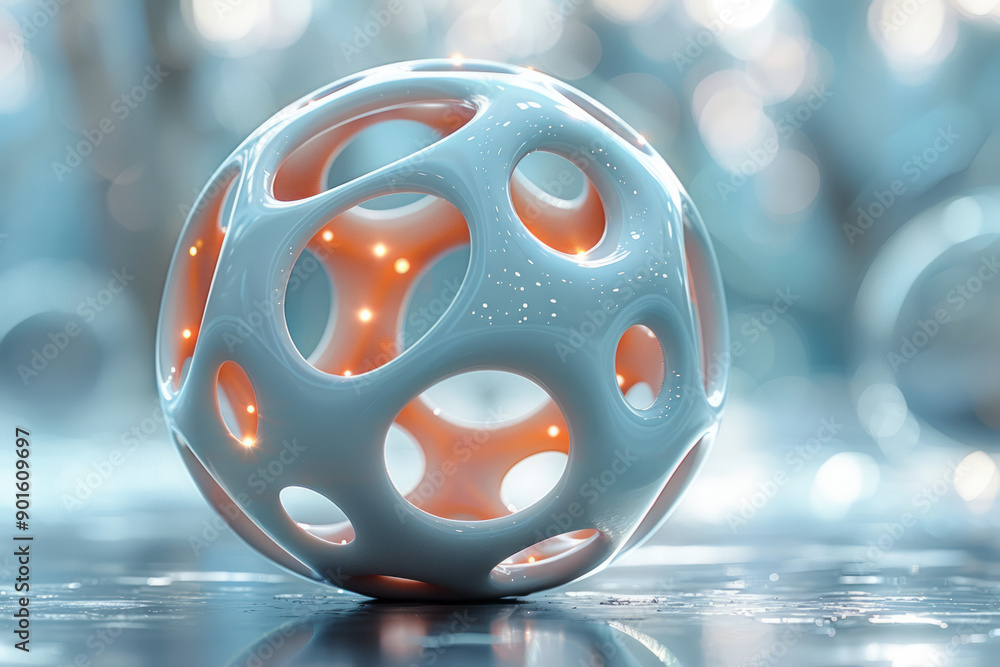 Poster elegant representation of an abstract 3d sphere covered in a random perforation design with soft col
