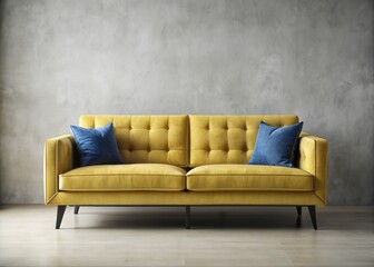 Richly upholstered yellow velvet sofa with plush blue pillows and sleek black legs stands elegantly against a neutral background, exuding sophistication and comfort.