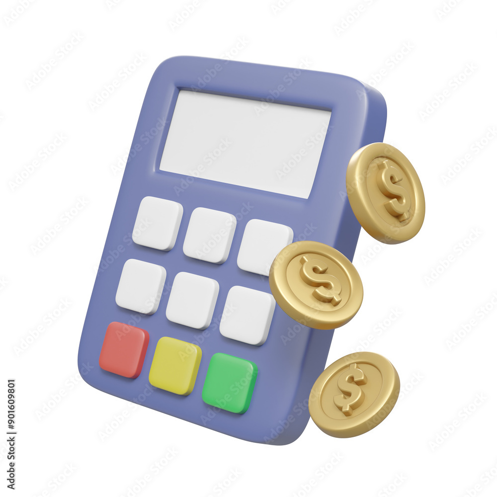 Poster 3d render featuring an icon of a calculator alongside coins isolated on transparent background. this