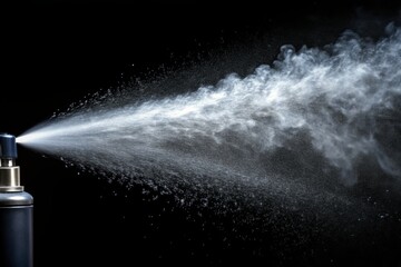 Close-up of spray mist of aerosol jet splash on black background, realistic effect, showcasing atomizer sprayer mist of water spray mist in air steam.
