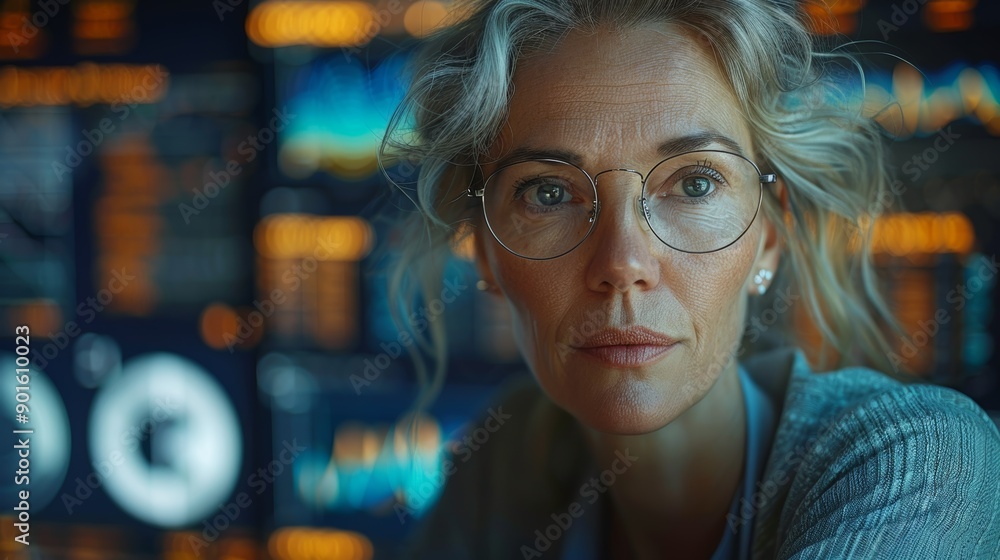 Poster focused female scientist analyzing data in a high-tech laboratory during evening hours. generative a
