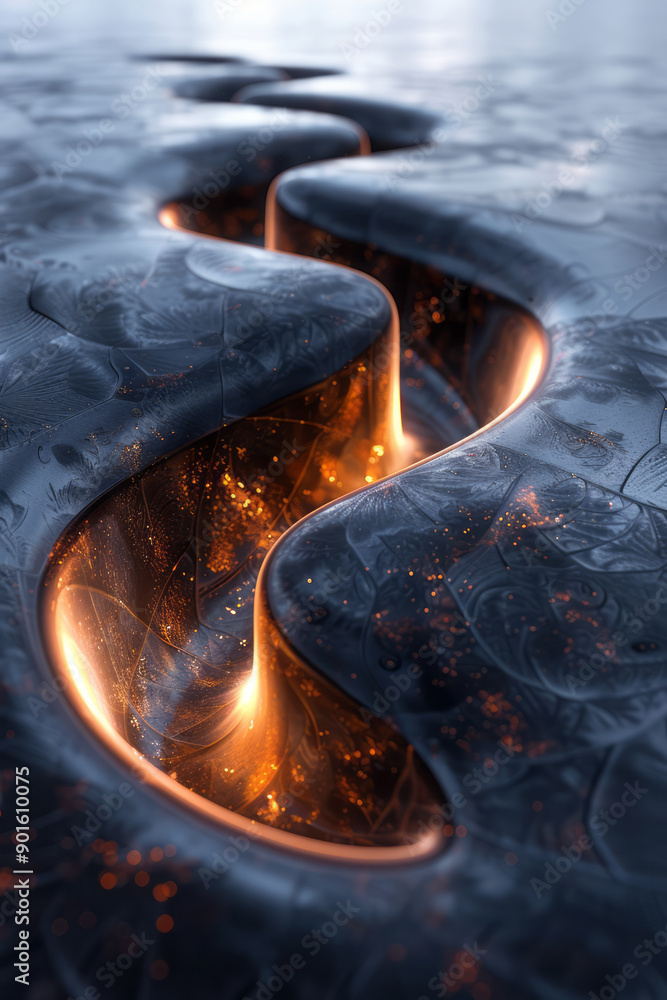 Poster minimalist aesthetic of swirling dark forms in 3d, creating an immersive environment that draws the 