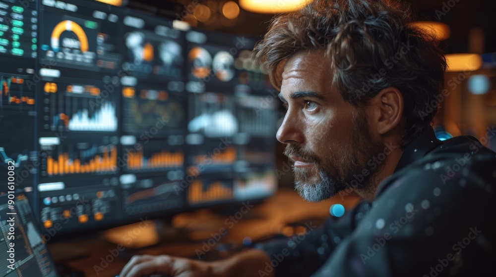 Poster focused data analyst working late at night surrounded by multiple monitors in a modern office. gener