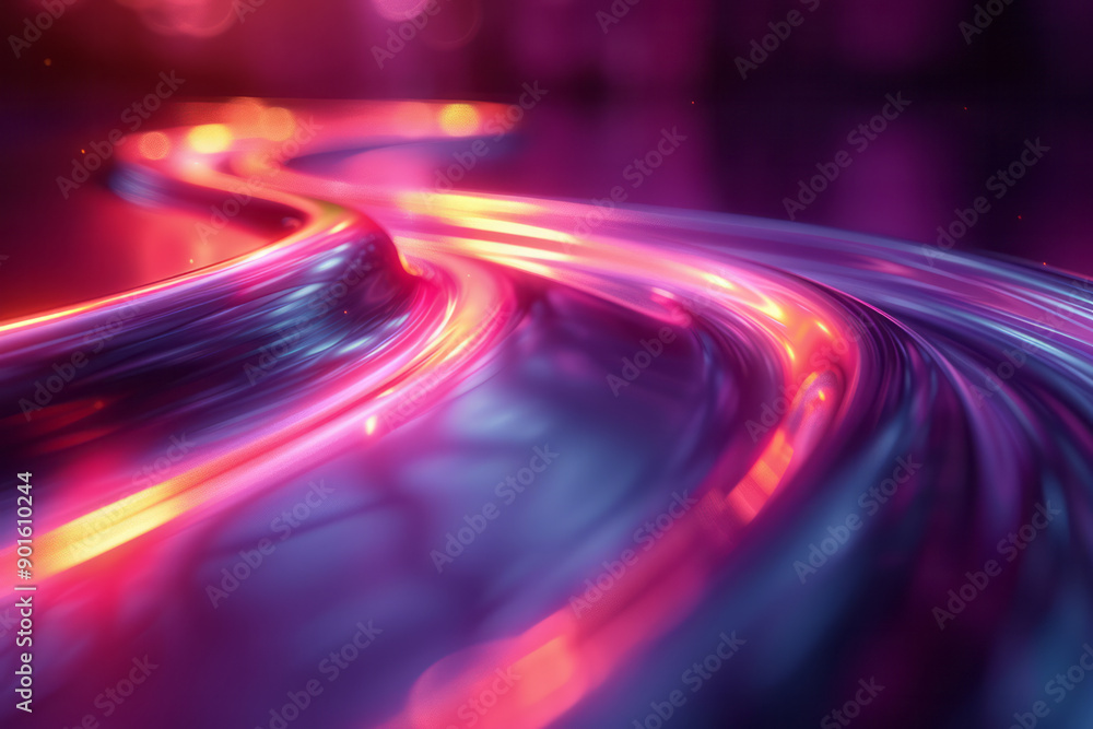 Poster minimalist image of dynamic 3d streaks flowing across a vibrant purple background, creating a sense 