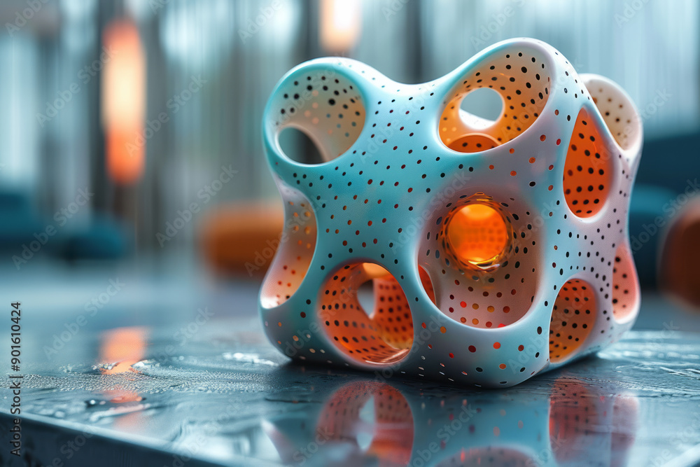 Poster clean image of a smooth 3d cube with a unique perforated pattern in gentle coral and teal colors,