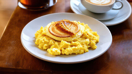 delicious breakfast, tempting steaming scrambled eggs,
