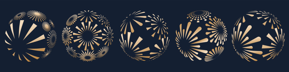 Set of creative fireworks explosion logo design vector, round fireworks golden design vector.