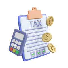 3D illustration consisting of tax document icons dollar coin check mark and calculator isolated on transparent. The concept of approved tax documents Successful financial management. Calculation.
