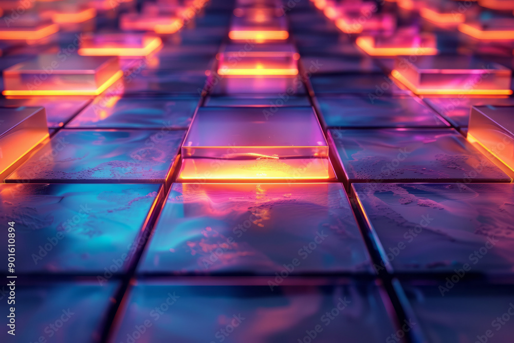Poster minimalist abstract 3d tiles arranged in a grid, illuminated by soft glowing lights in various color