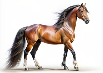 Obraz premium Majestic horse stands proudly alone on a pure white background, its shiny coat and flowing mane perfectly lit, evoking freedom and elegance.