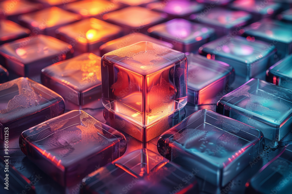 Poster sleek design showcasing a series of glowing 3d tiles that change color as they interact with light,