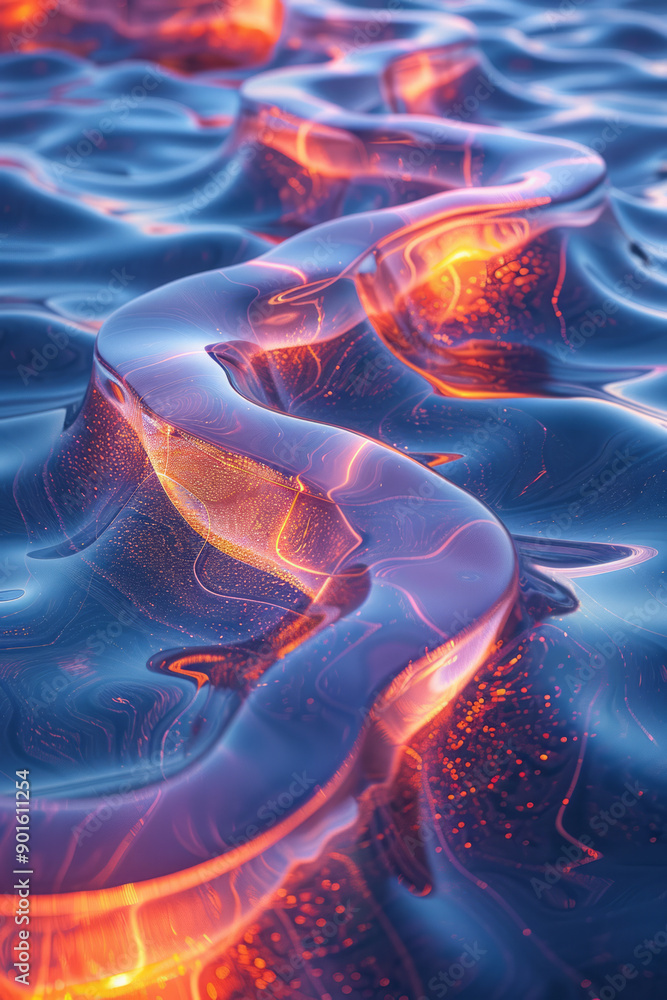 Poster elegant scene of interlocking 3d tiles with glowing patterns, casting colorful reflections on the su