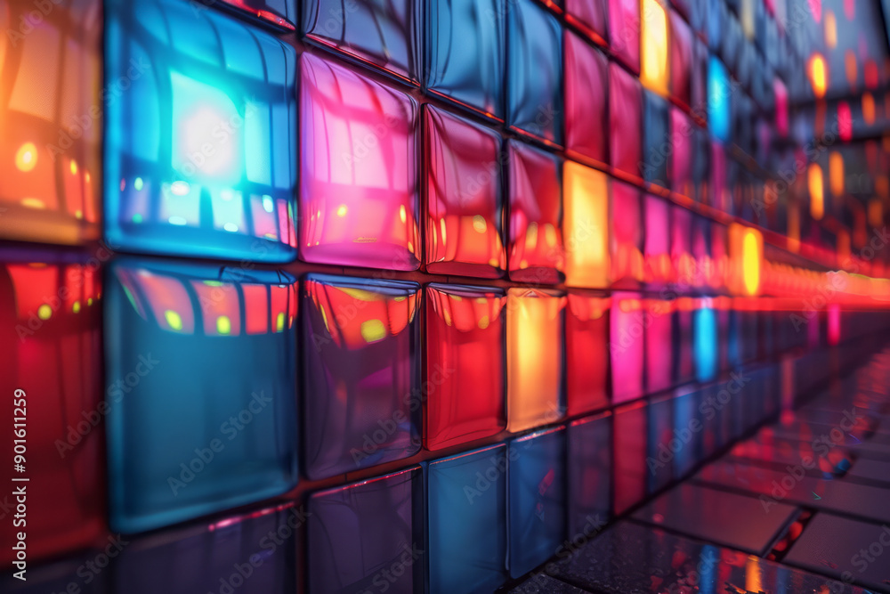 Poster sleek design showcasing a series of glowing 3d tiles that change color as they interact with light,