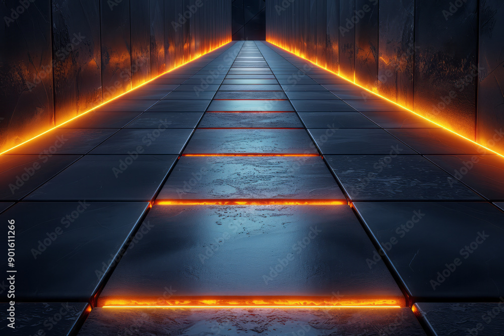 Poster minimalist representation of a path made of 3d tiles illuminated by ambient glowing lights in a dark