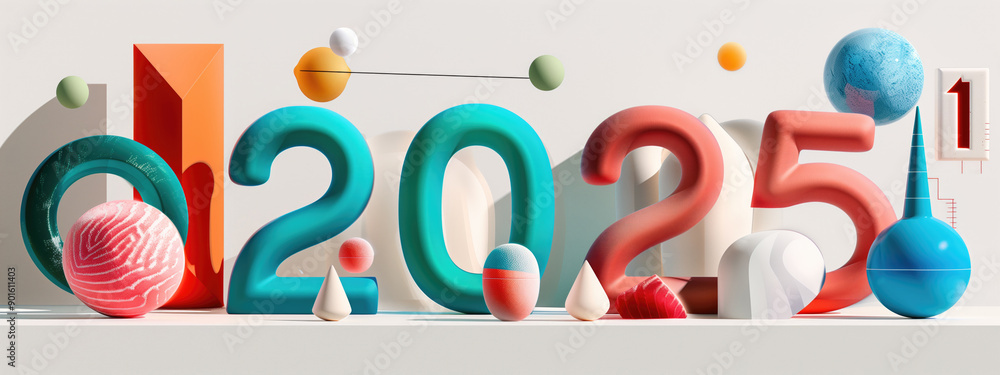 Poster 3d colorful representation of the year 2025 with abstract geometric shapes and spherical objects. co