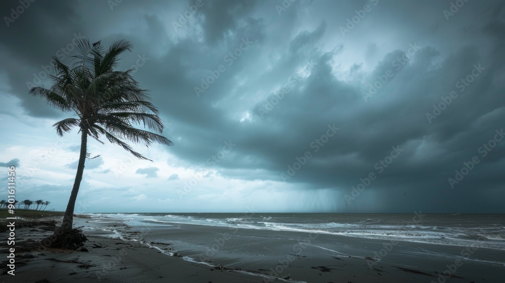 Poster a palm tree is standing on a beach in front of a stormy sky