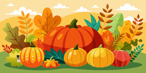 Ilustración de calabazas en un entorno otoñal, rodeadas de hojas y vegetación de colores cálidos bajo un cielo despejado.