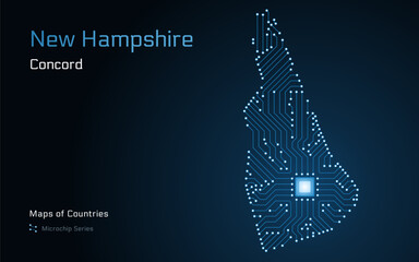 New Hampshire Map with a capital of Concord Shown in a Microchip Pattern. E-government. United States vector maps. Microchip Series	
