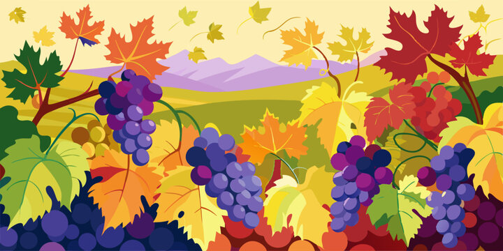 Ilustraci&oacute;n de vi&ntilde;edos en oto&ntilde;o, con racimos de uvas moradas y amarillas enmarcando un paisaje monta&ntilde;oso.